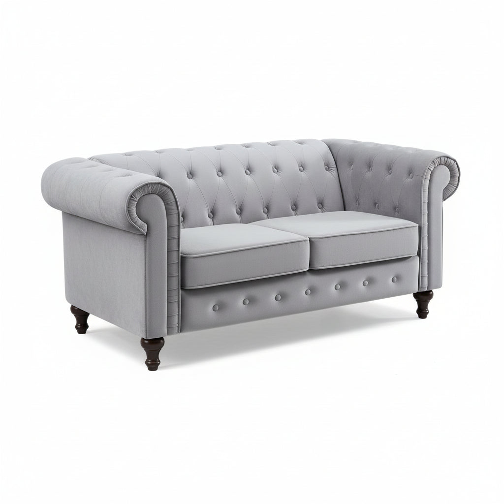 Grey Velvet Upholstered 2 Seater Chesterfield Sofa