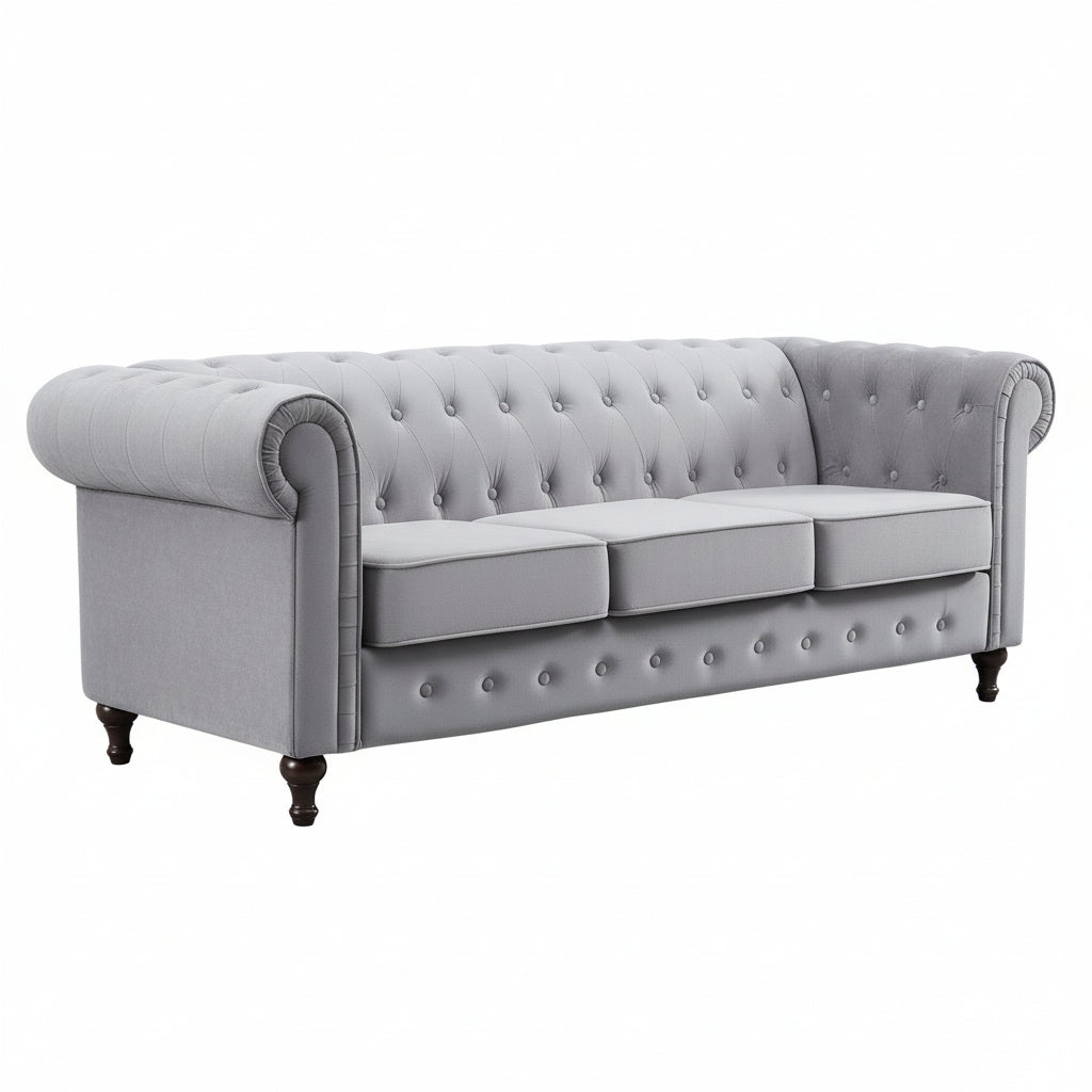 Grey Velvet Upholstered 3 Seater Chesterfield Sofa