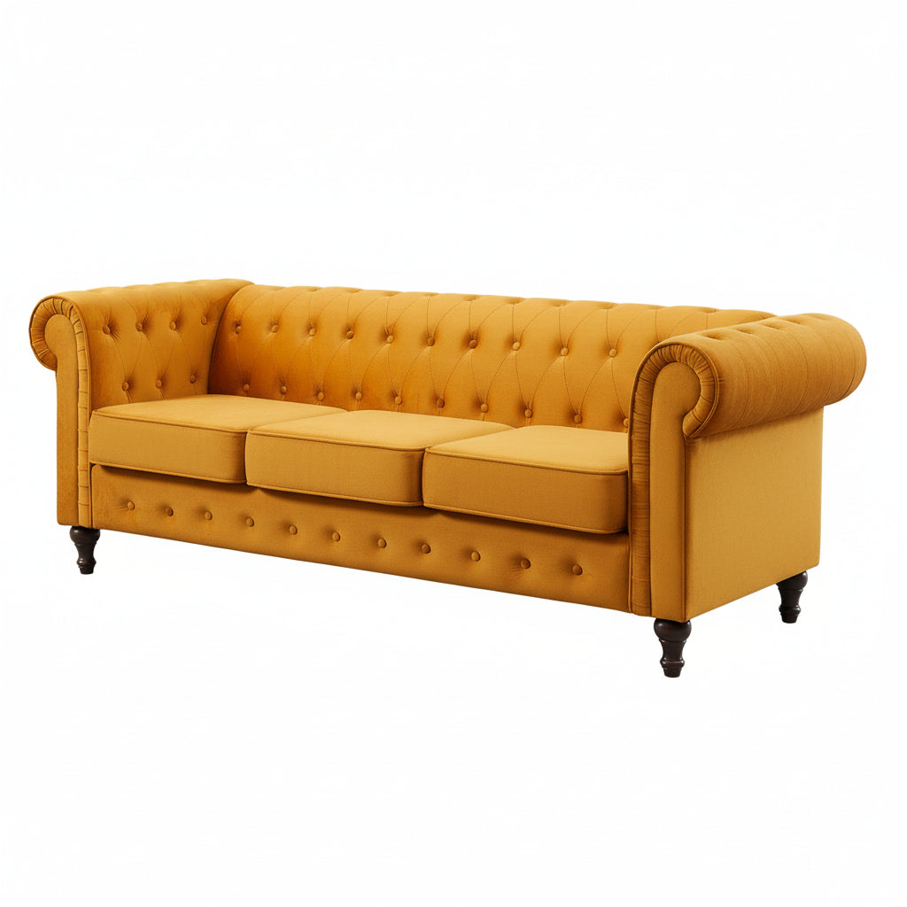 Orange Velvet Upholstered 3 Seater Chesterfield Sofa
