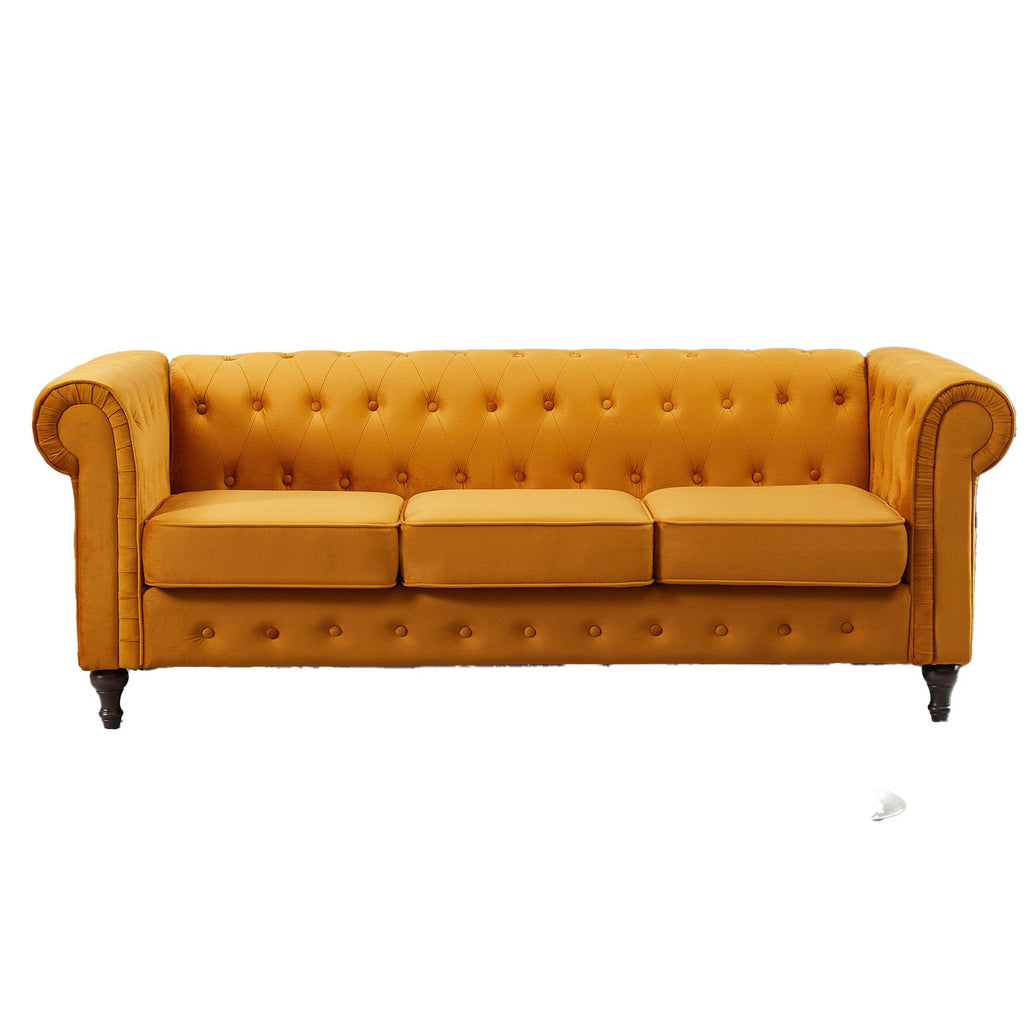 Orange Velvet Upholstered 3 Seater Chesterfield Sofa