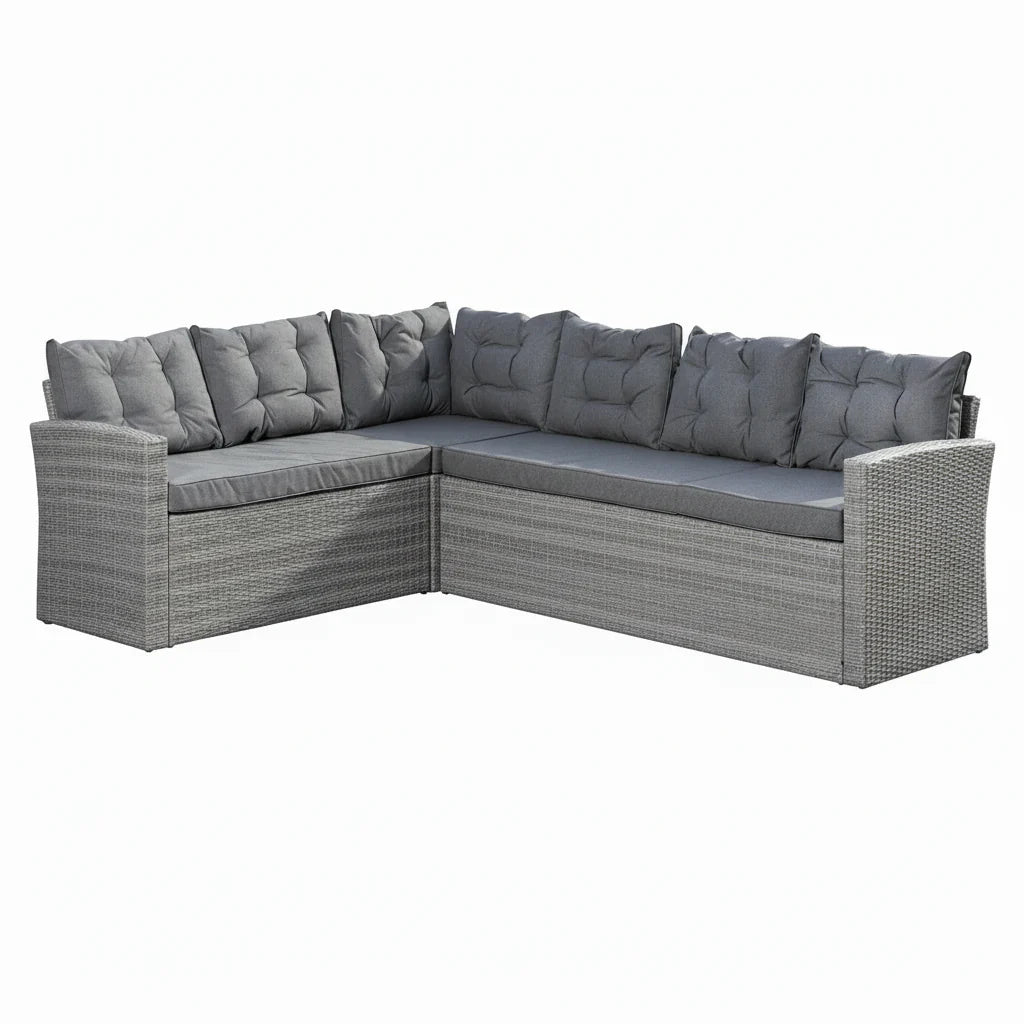 Outdoor Rattan Corner Sofa with Table and Bench in Grey