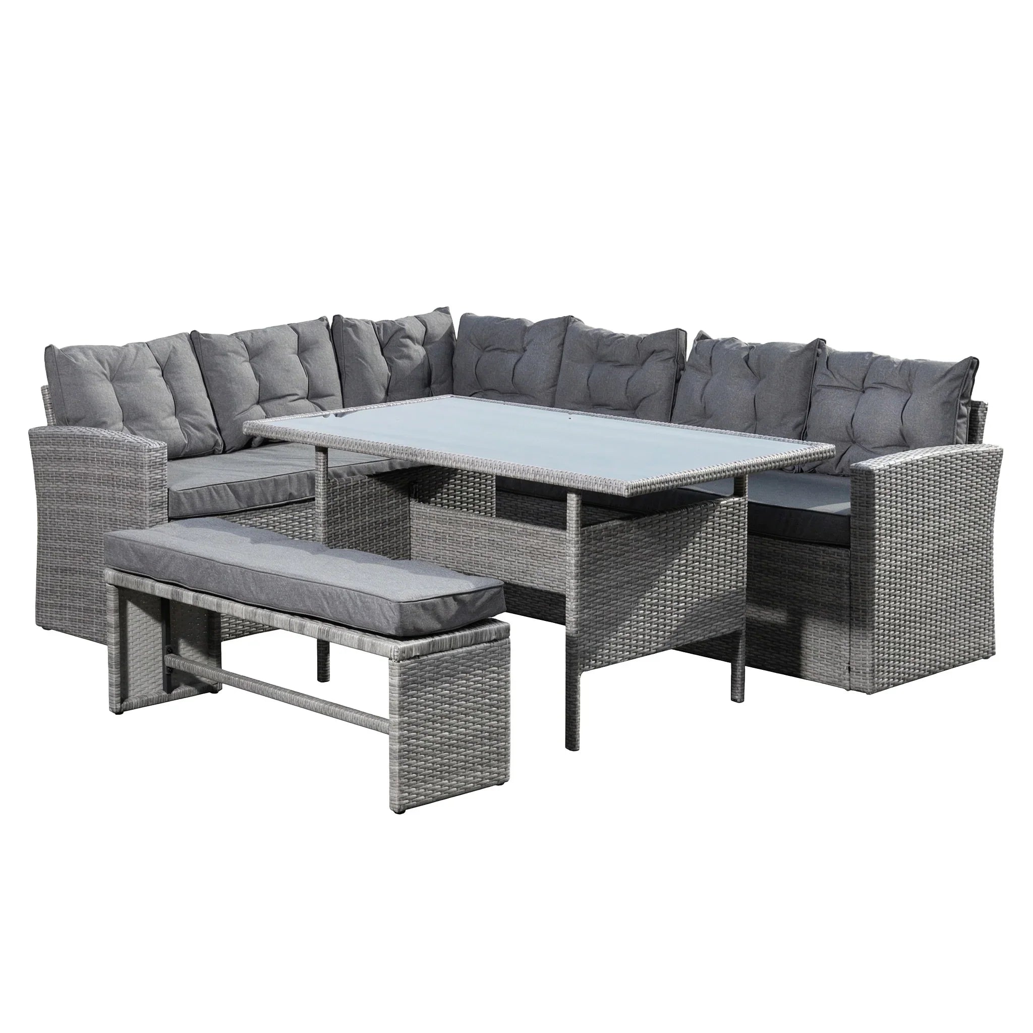 Outdoor Rattan Corner Sofa with Table and Bench in Grey
