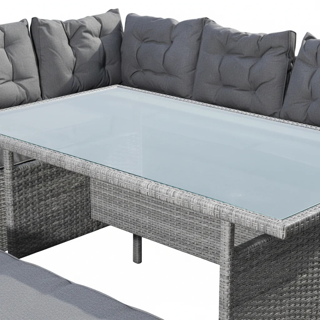 Outdoor Rattan Corner Sofa with Table and Bench in Grey