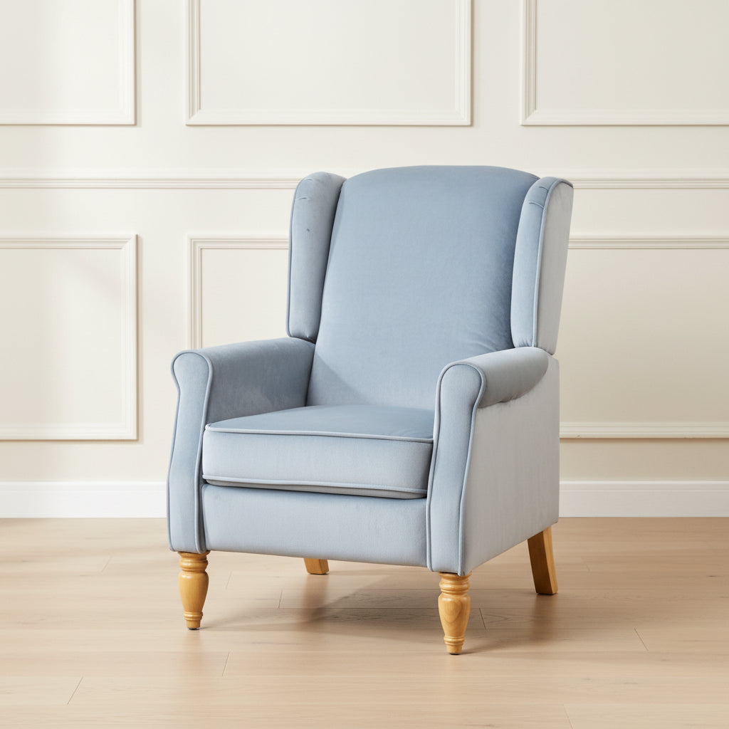 Baby Blue Velvet Armchair with Reclining Back Function and Oak Legs