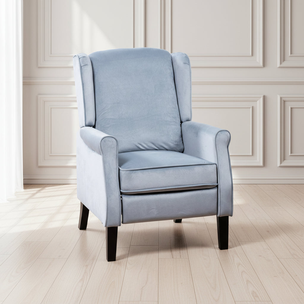 Baby Blue Velvet Armchair with Reclining Function and Black Legs