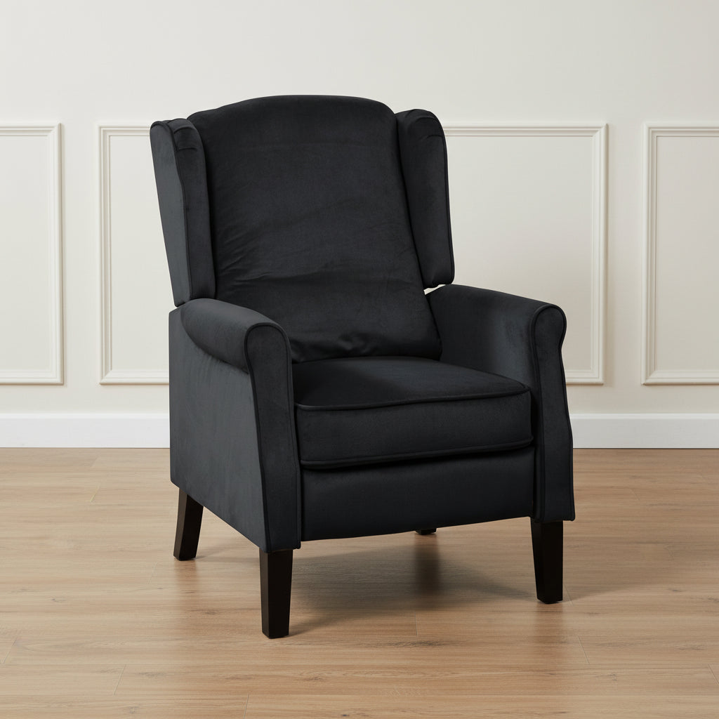 Black Velvet Armchair with Reclining Back Function and Black Legs