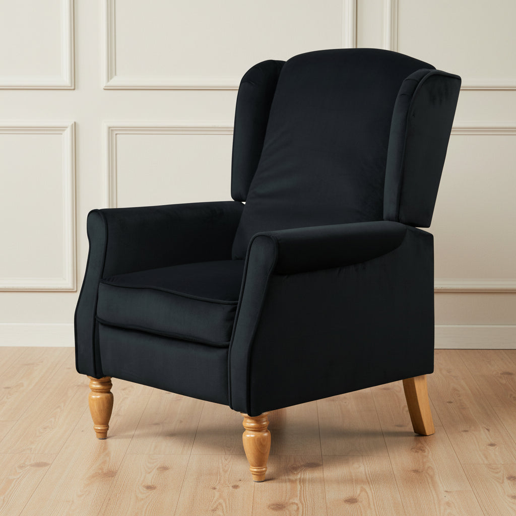 Black Velvet Fabric Armchair with Reclining Back and oak legs