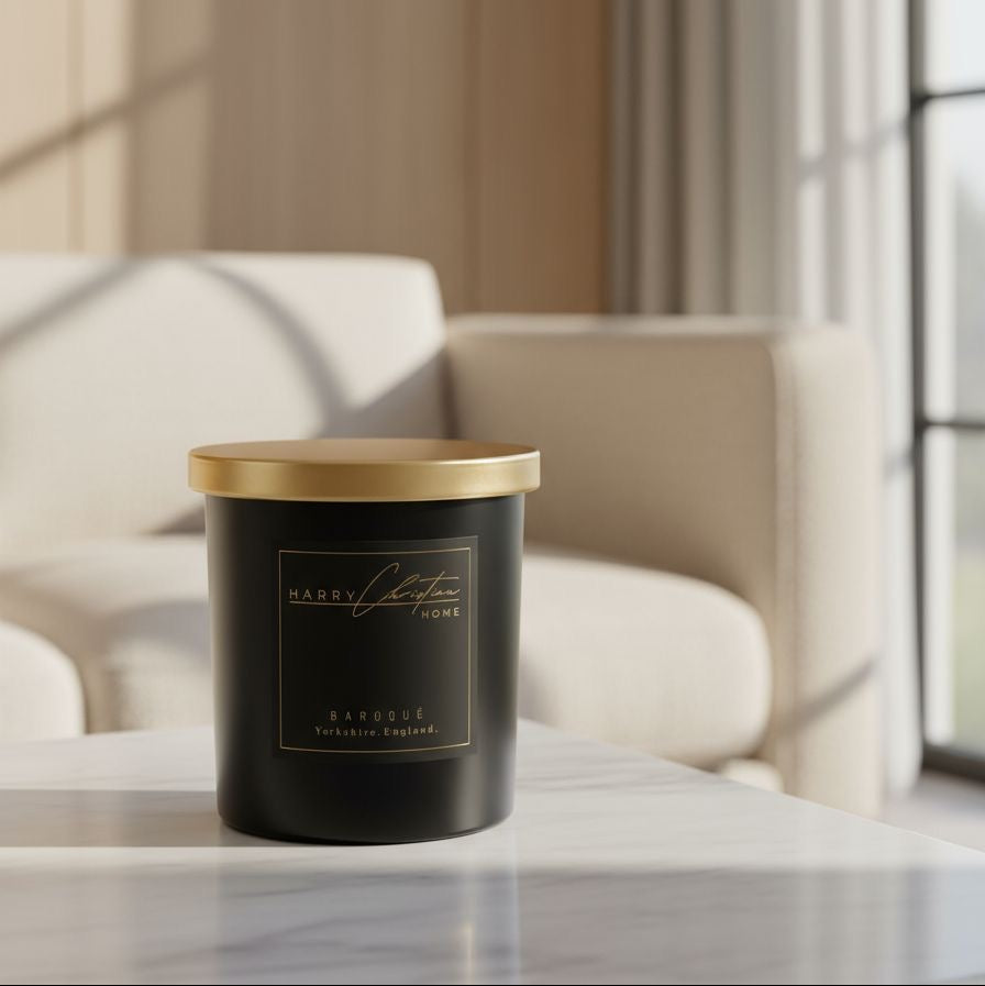 Black candle with gold lid on a table in a living room setting Black and Gold luxury candle by Harry Christian Home. Baroque style candle. Large black and gold candle, Harry Christian Home