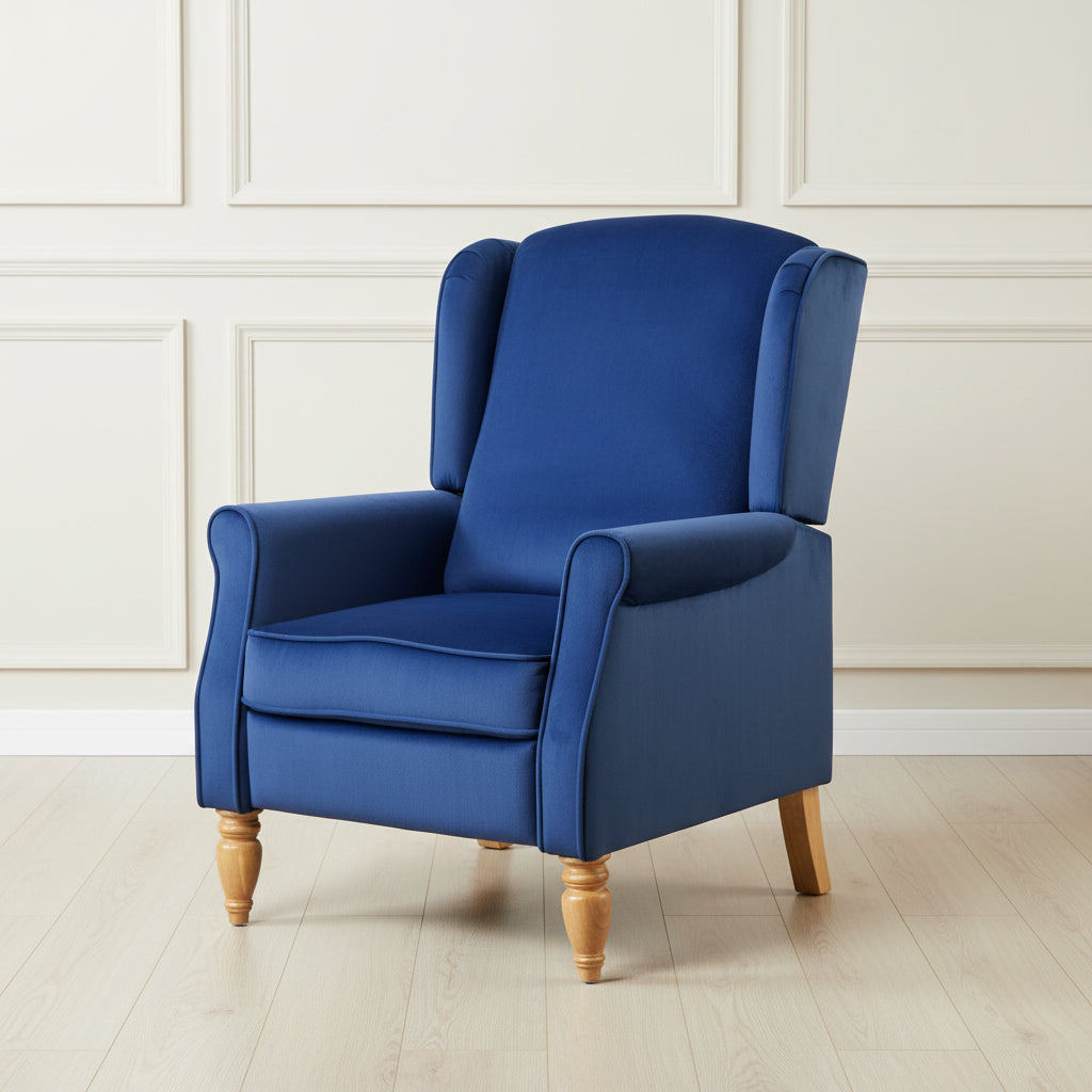Blue Velvet Armchair with Reclining Back Function and Oak Legs