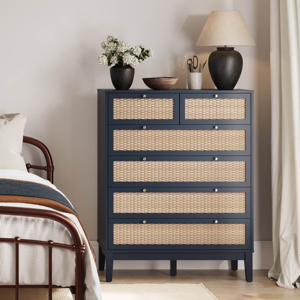 Harry Christian Home Blue and Rattan Chest Of Drawers