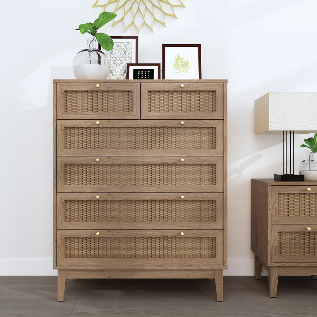 Harry Christian Home Oak & Rattan Chest Of Drawers