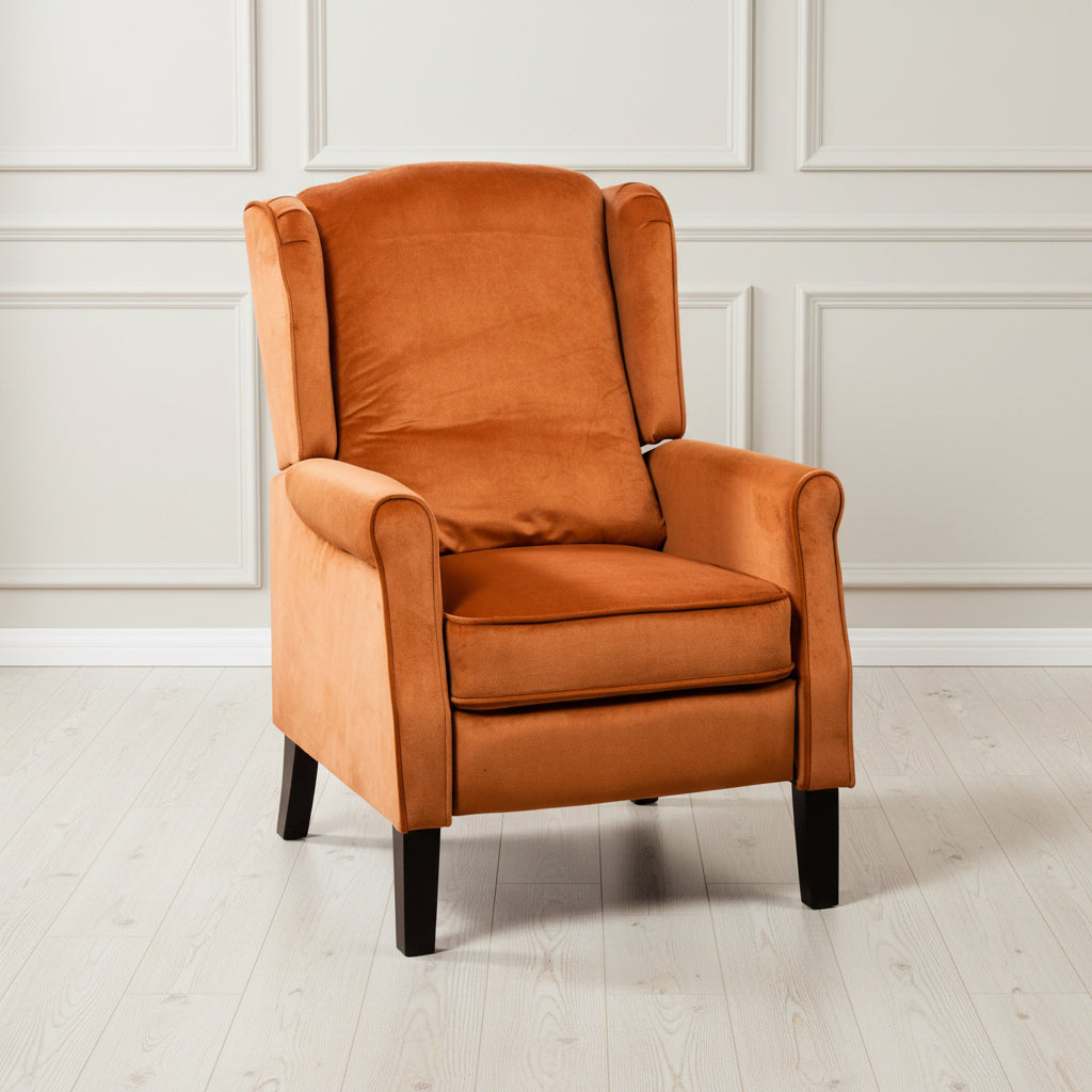 Burnt Orange Velvet Armchair with Reclining Function and Black Legs