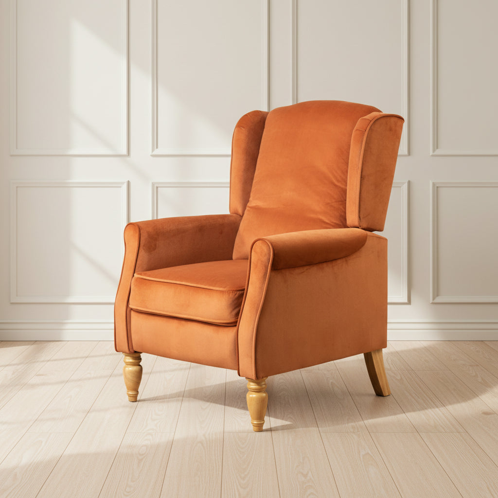 Burnt Orange Velvet Fabric Armchair with Reclining Back Function and Oak Legs