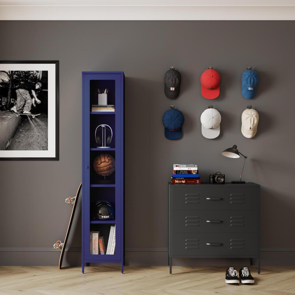 Harry Christian Home Modern Tall Thin Blue Display Cabinet