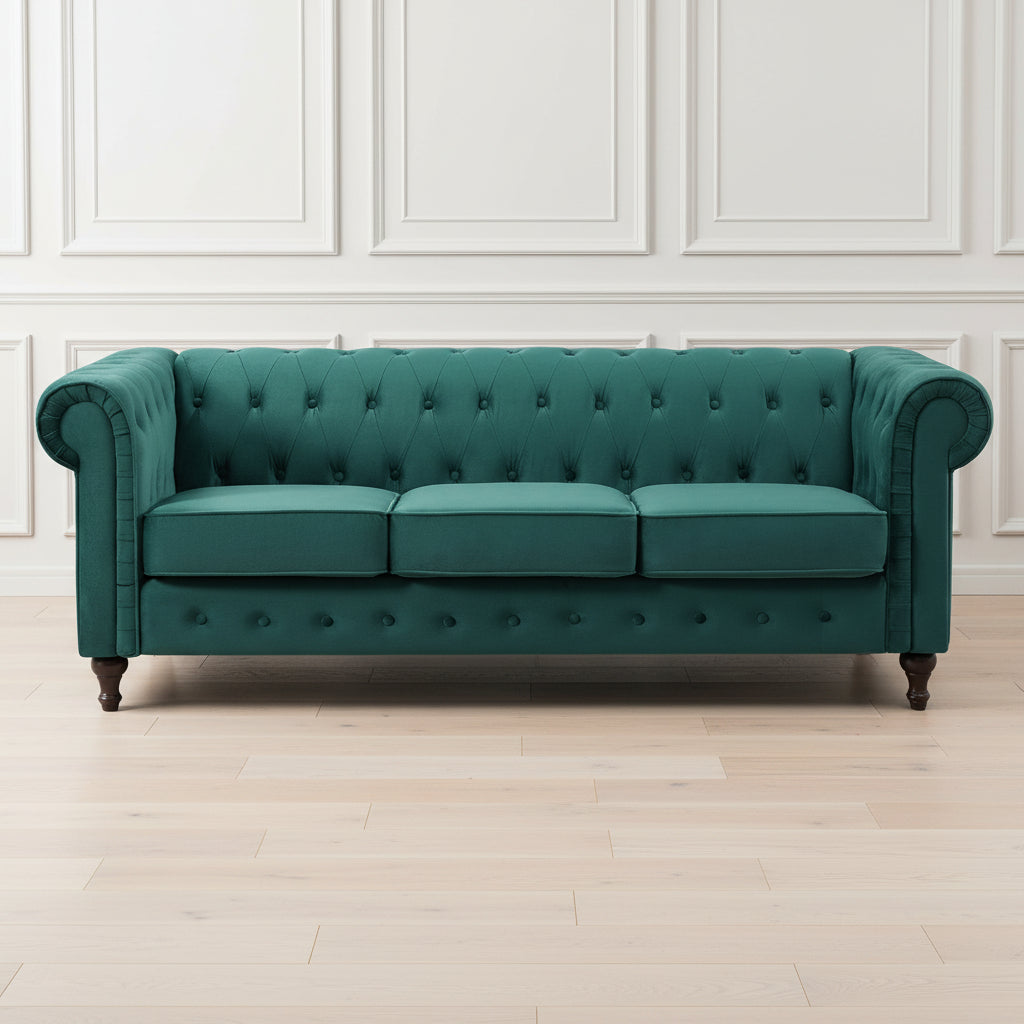 GREEN UPHOLSTERED VELVET 3 SEATER CHESTERFIELD