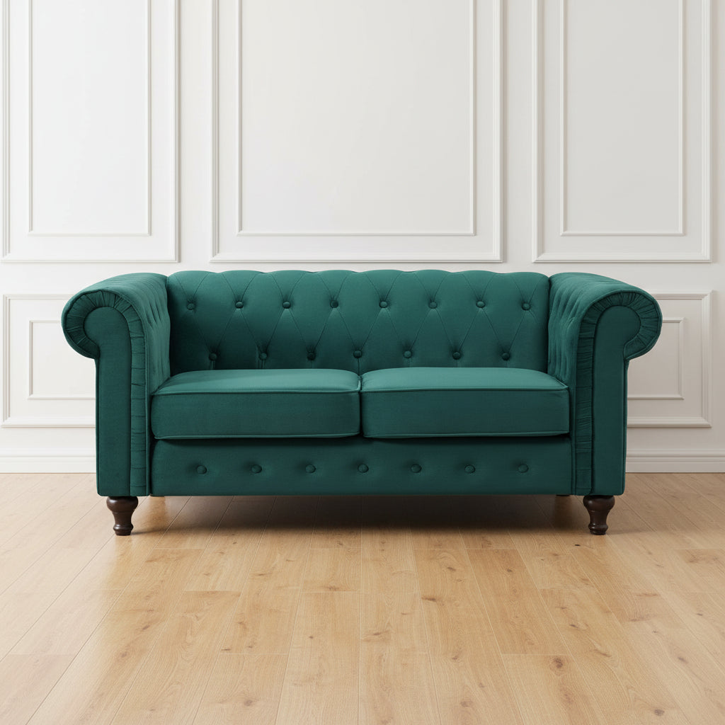 GREEN VELVET UPHOLSTERED 2 SEATER CHESTERFIELD