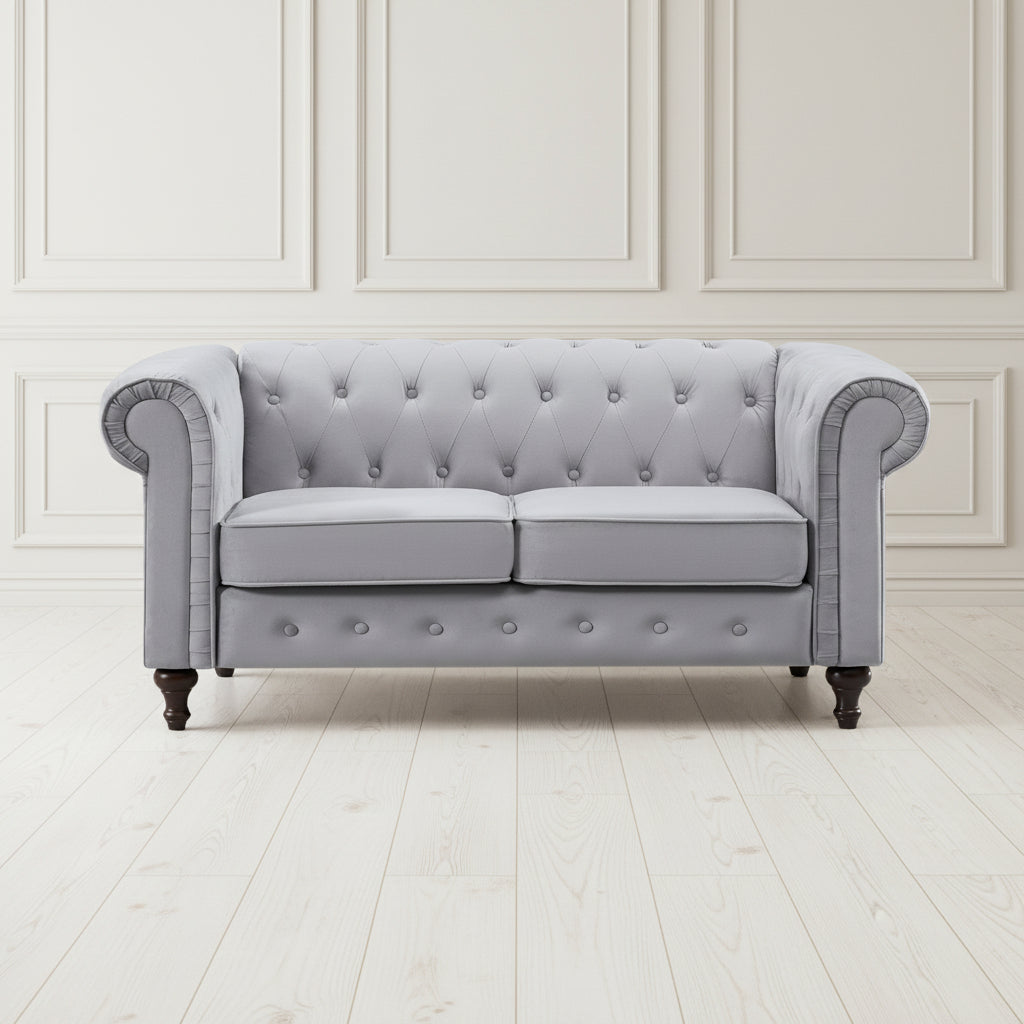 GREY VELVET UPHOLSTERED 2 SEATER CHESTERFIELD