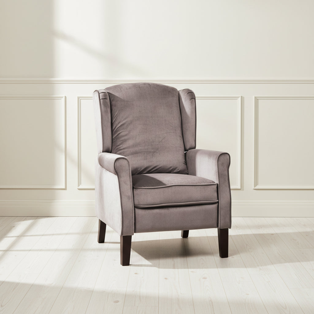Grey Velvet Armchair with Reclining Back Function and Black Legs