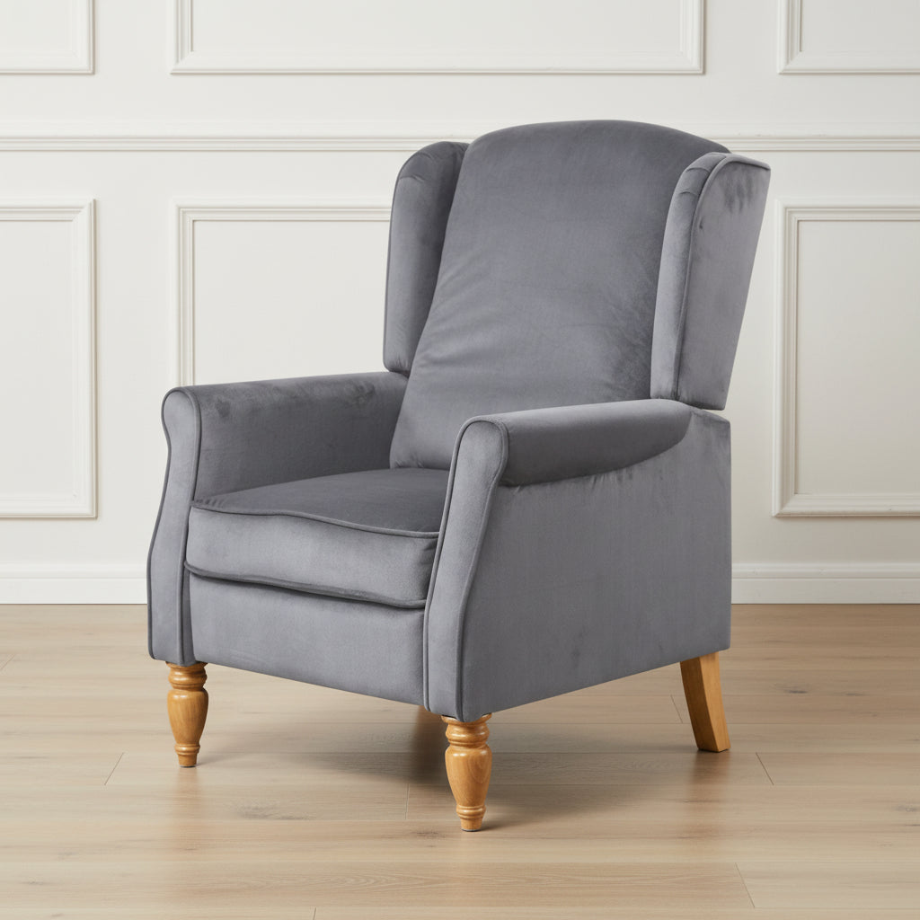 Grey Velvet Armchair with Reclining Back Function and Oak Legs