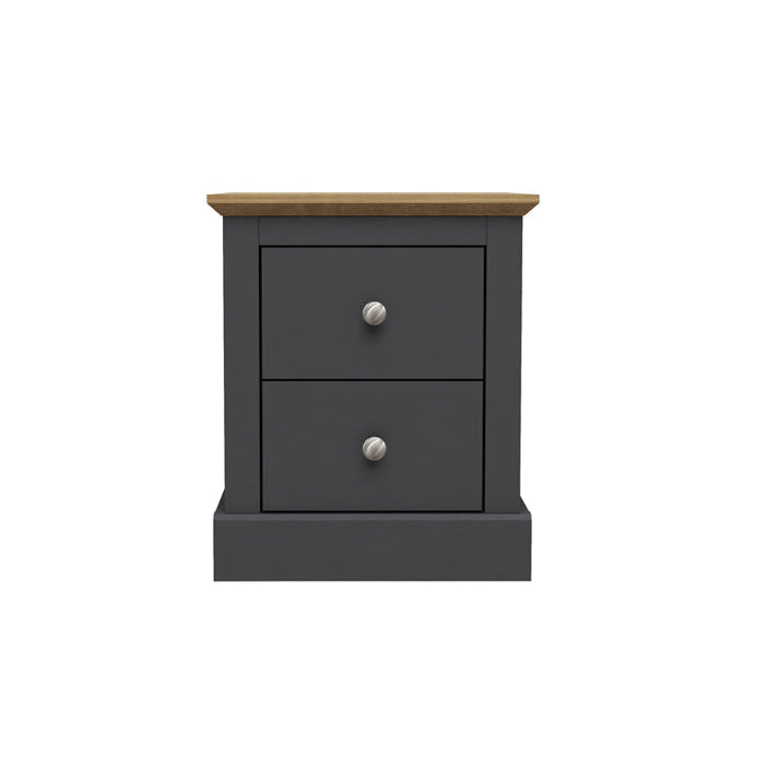 Two-drawer nightstand with a dark gray finish on a white background