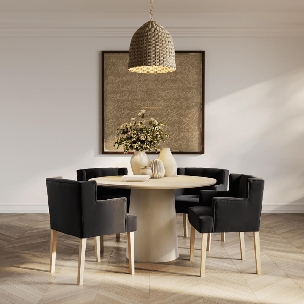 Harry Christian Home Anthracite Winged Chair with Arms around a circular wooden table 