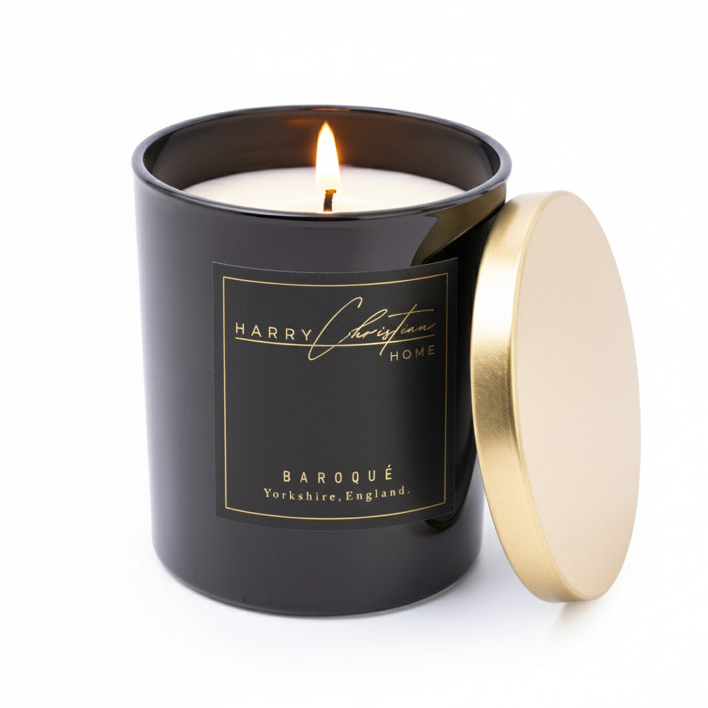 Harry Christian Home Baroque Black and Gold Cande with lit flame