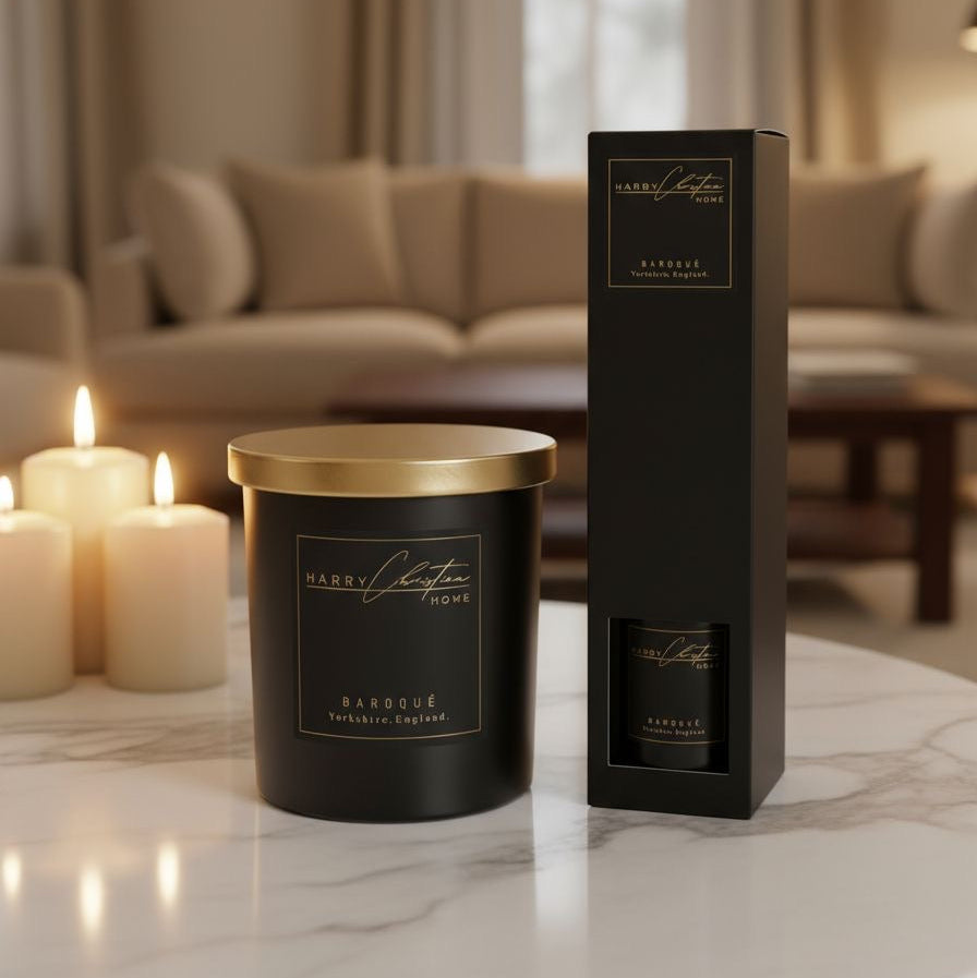 Harry Christian Home Baroque Black and Gold Candle & Reed Diffuser Standing Together on a Marble Surface. Black candle with gold lid and packaging on a marble surface with candles in the background.