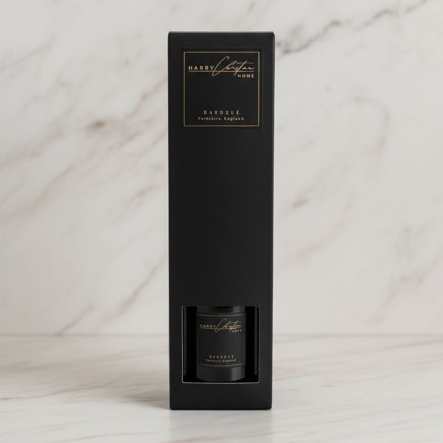 Harry Christian Home Baroque Reed Diffuser Honeysuckle Scented Reed Diffuser, Black and gold reed diffuser design. 