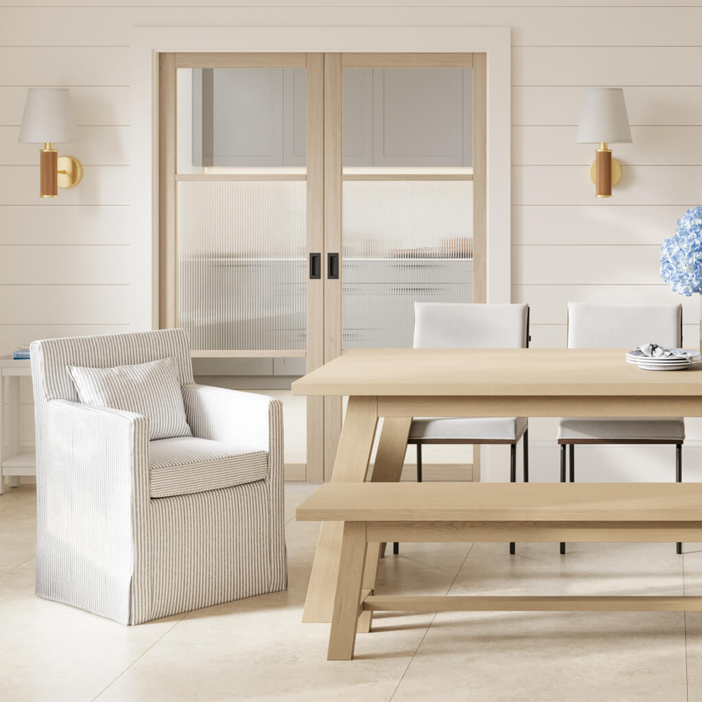 Harry Christian Home Calabasas Statement Grey Stripe Dining Chair Set with a wooden table and a wooden dining bench