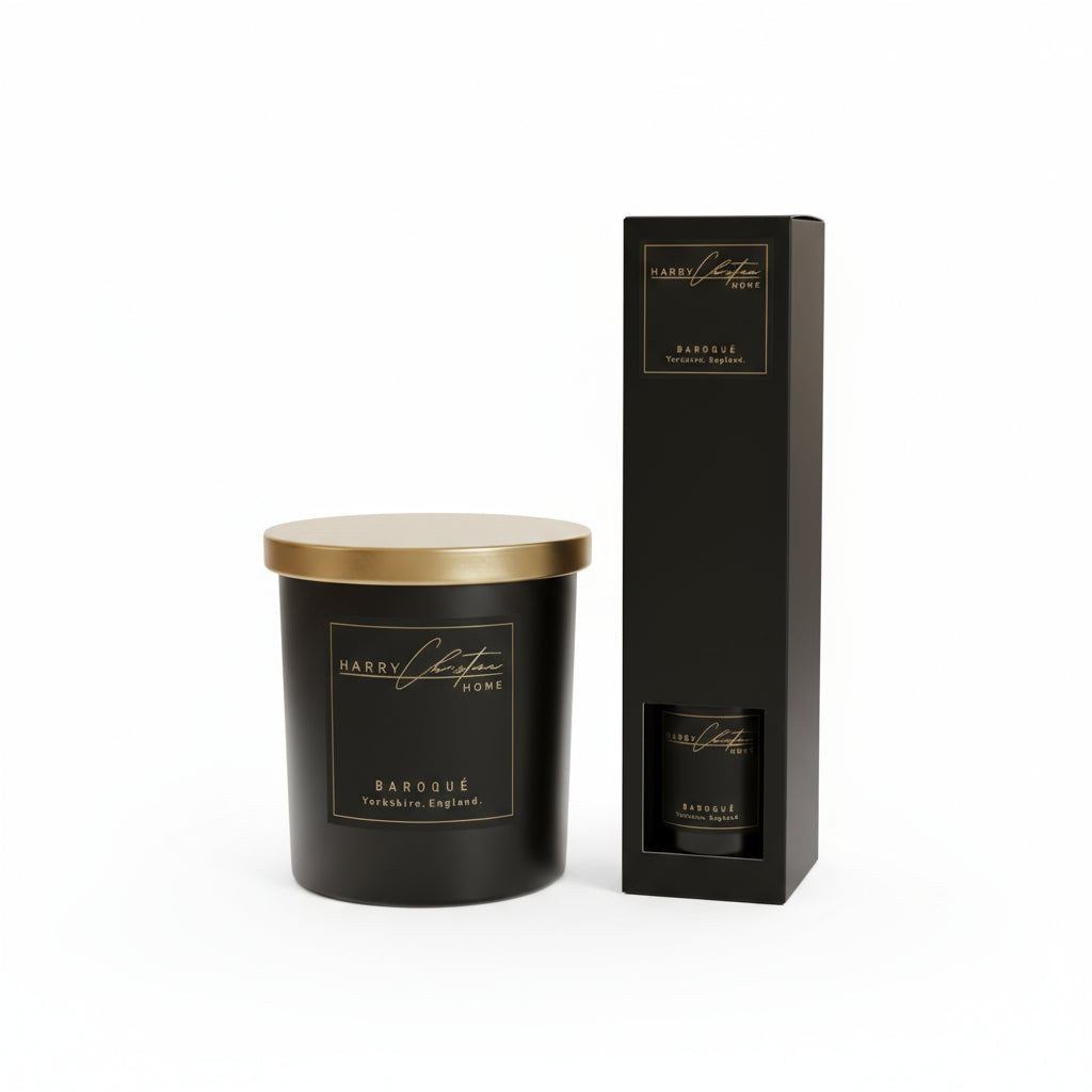 Harry Christian Home Deluxe Black & Gold Baroquè 300 Gram Candle and 150ml Reed Diffuser Set Deal and Gift Set Black candle with gold lid and packaging on an all white background by Harry Christian Home. 