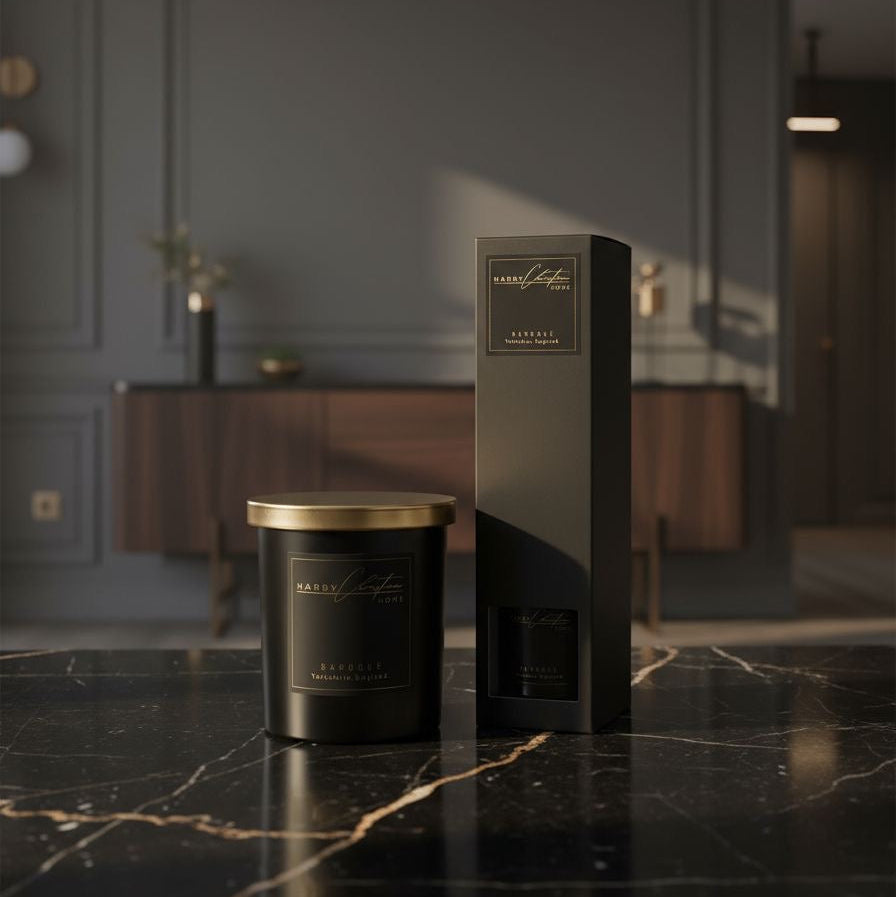 Harry Christian Home Candle & Reed Diffuser Black and gold candle and reed diffuser gift set placed on top of black marble with dark furniture in the background 