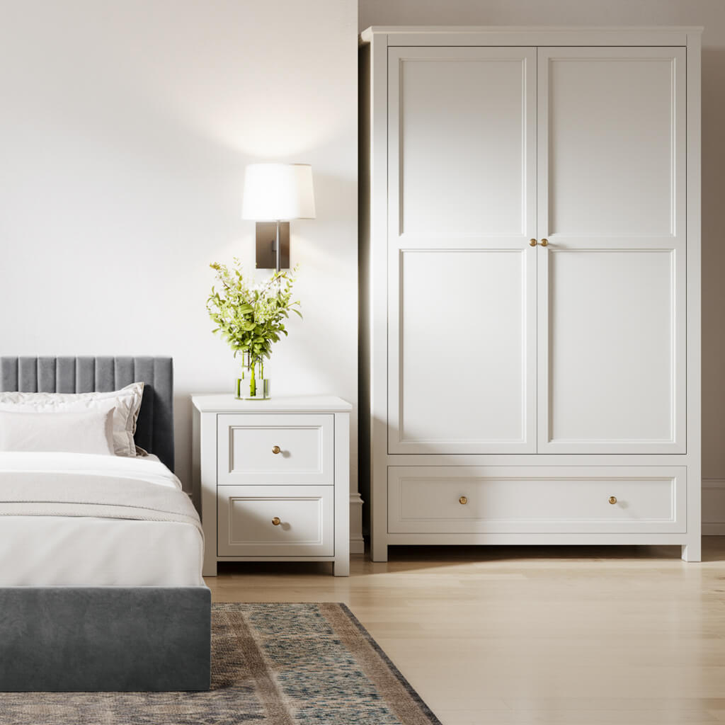 Modern bedroom with a bed, nightstand, and wardrobe. Harry Christian Home Elegance Double Wardrobe White with Gold Handles