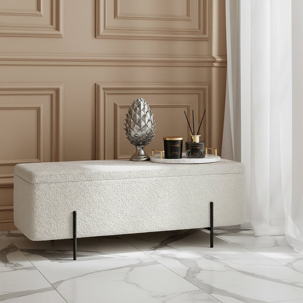 Harry Christian Home Ivory Boucle Storage Ottoman Bench With Sleek Black Legs With Harry Christian Home Accessories On Top Of The Ottoman Storage Bench