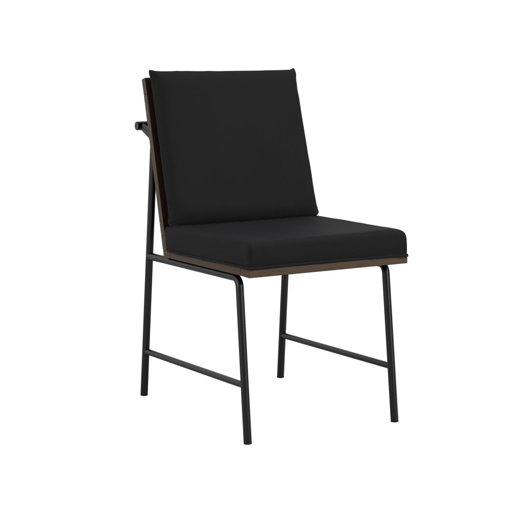 Harry Christian Home Jet Black Dining Chair With Stained Wooden Back and Base on top of a metal frame angled view