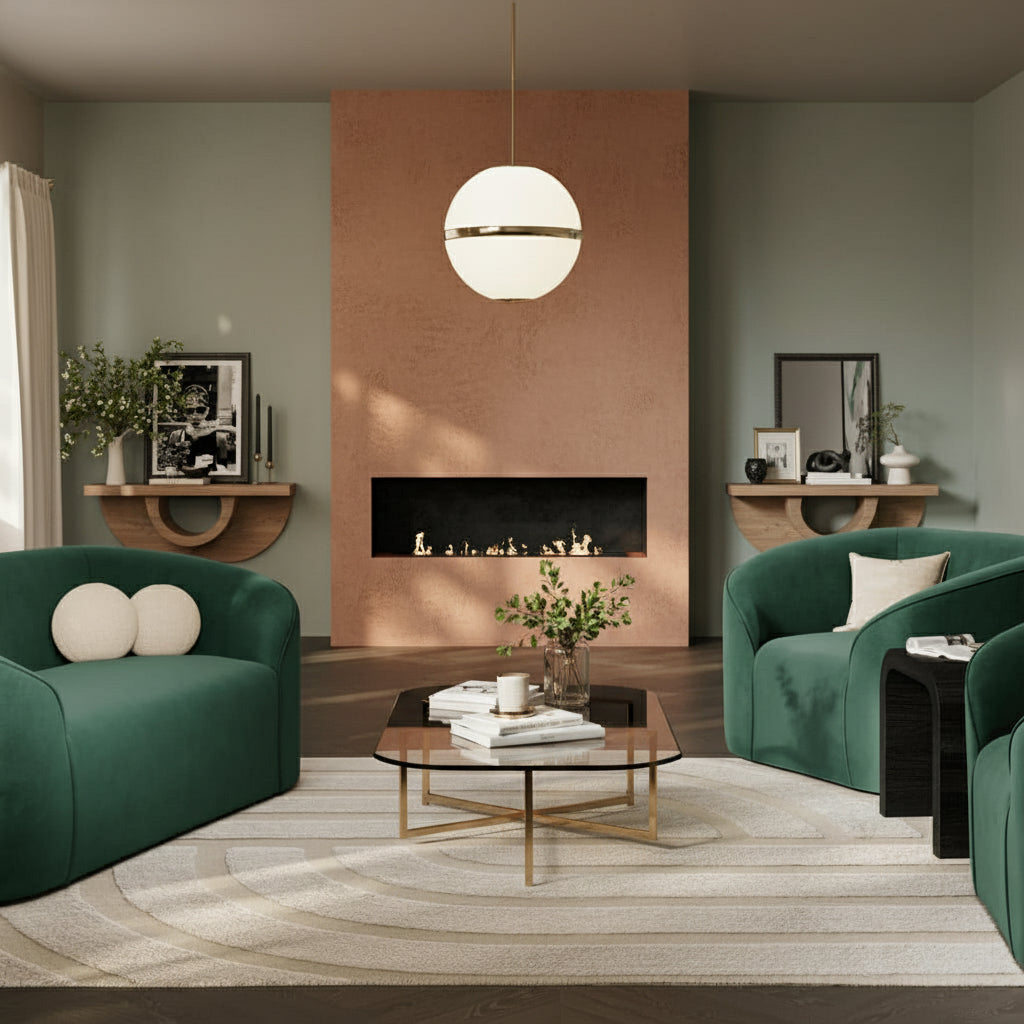 Modern living room with green sofas, a black coffee table, and a marble fireplace.
Harry Christian Home Lunar Forest Green Sofa Lifestyle shot