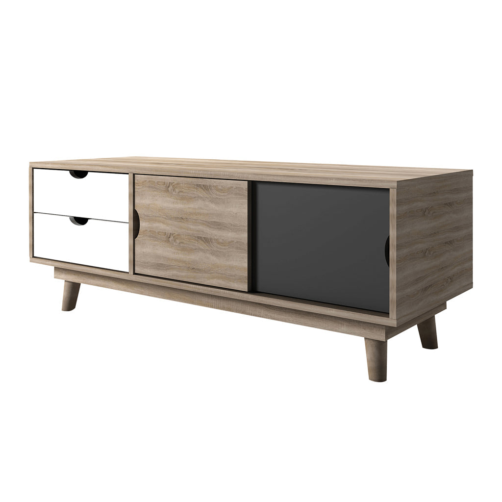 Harry Christian Home Oak White And Grey Media Unit / TV Unit Wooden entertainment console with sliding door on a white background