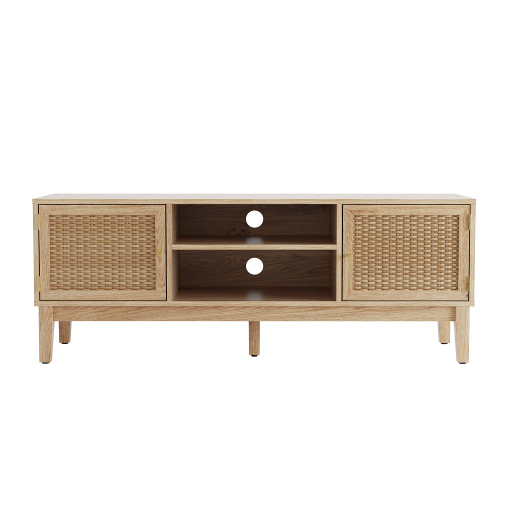 Harry Christian Home Oak and Rattan TV Unit Wooden TV stand with wicker doors on a white background