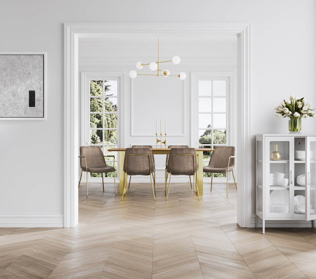 Harry Christian Home Monroe Armed Taupe Dining Chairs With Gold Legs set around the harry christian home russet wood dining table with golden legs