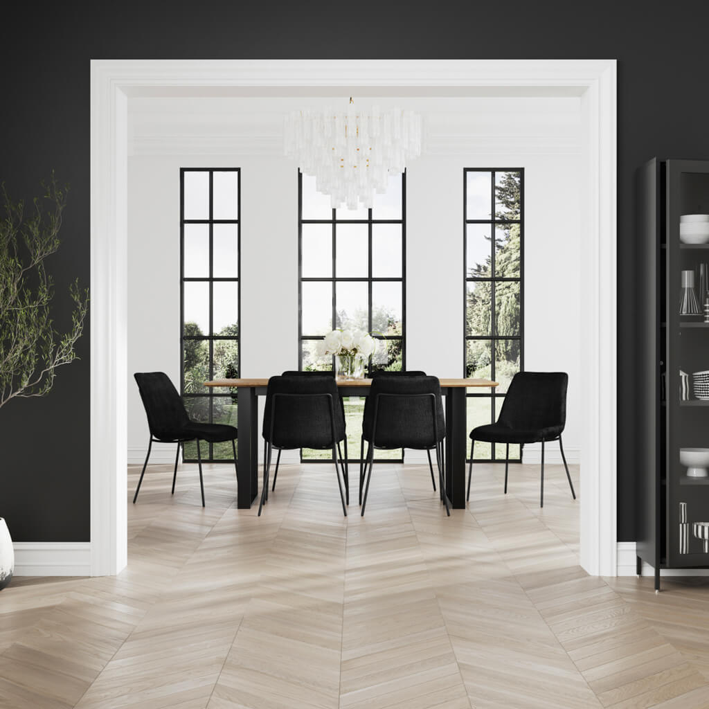 Harry Christian Home Sleek Black Dining Chairs paired with the Harry Christian Home Russet Wood dining table with gold legs. 