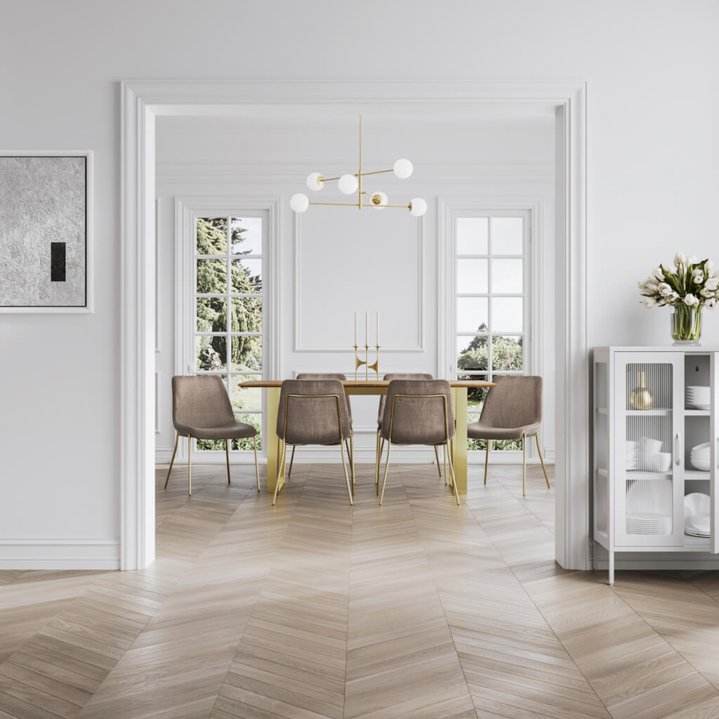 Harry Christian Home Taupe and Gold Dining Chairs around the Harry Christian Home Russet Wood And Gold Legged Dining Table