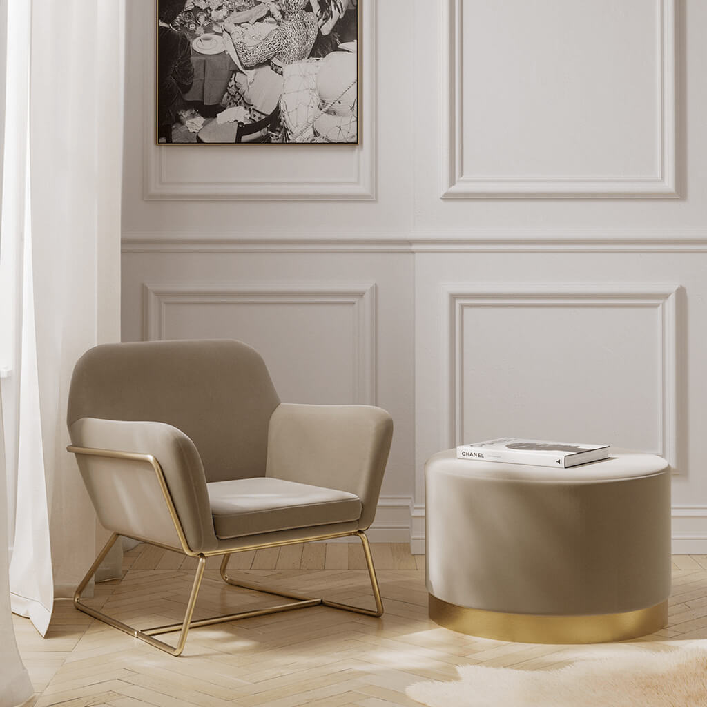 Harry Christian Home Beige Velvet Large Pouffe With Brushed Gold Base