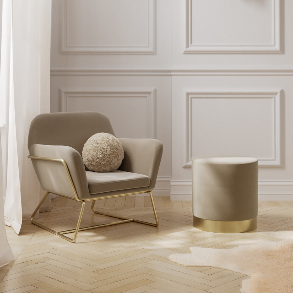 Harry Christian Home Beige Velvet Small Pouffe With Brushed Gold Base