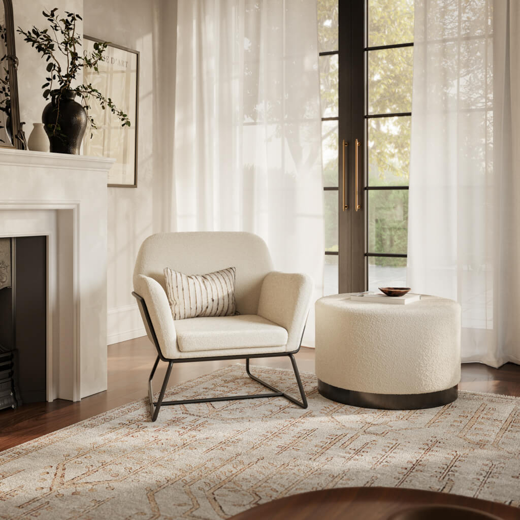 Harry Christian Home Ivory Boucle Large Pouffe With Black Base