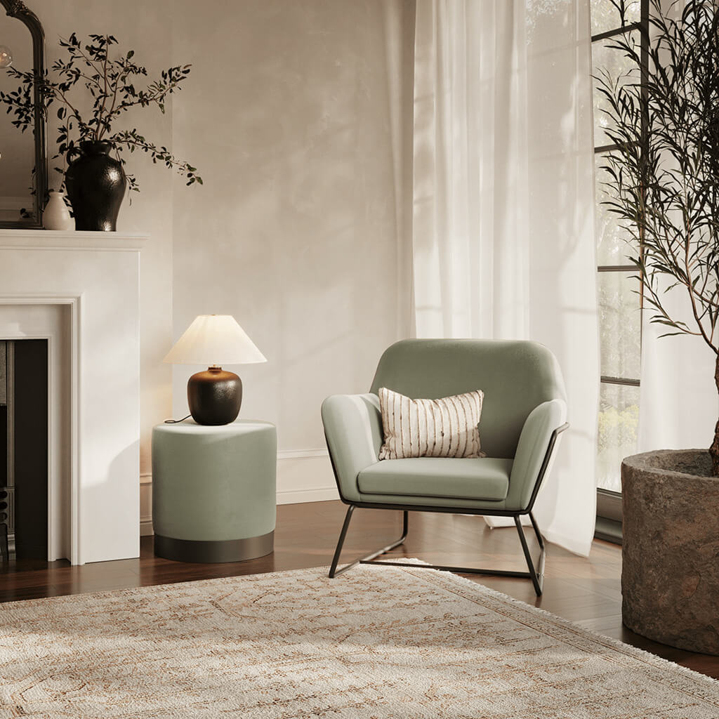 Harry Christian Home Sage Velvet Small Pouffe With Black Base