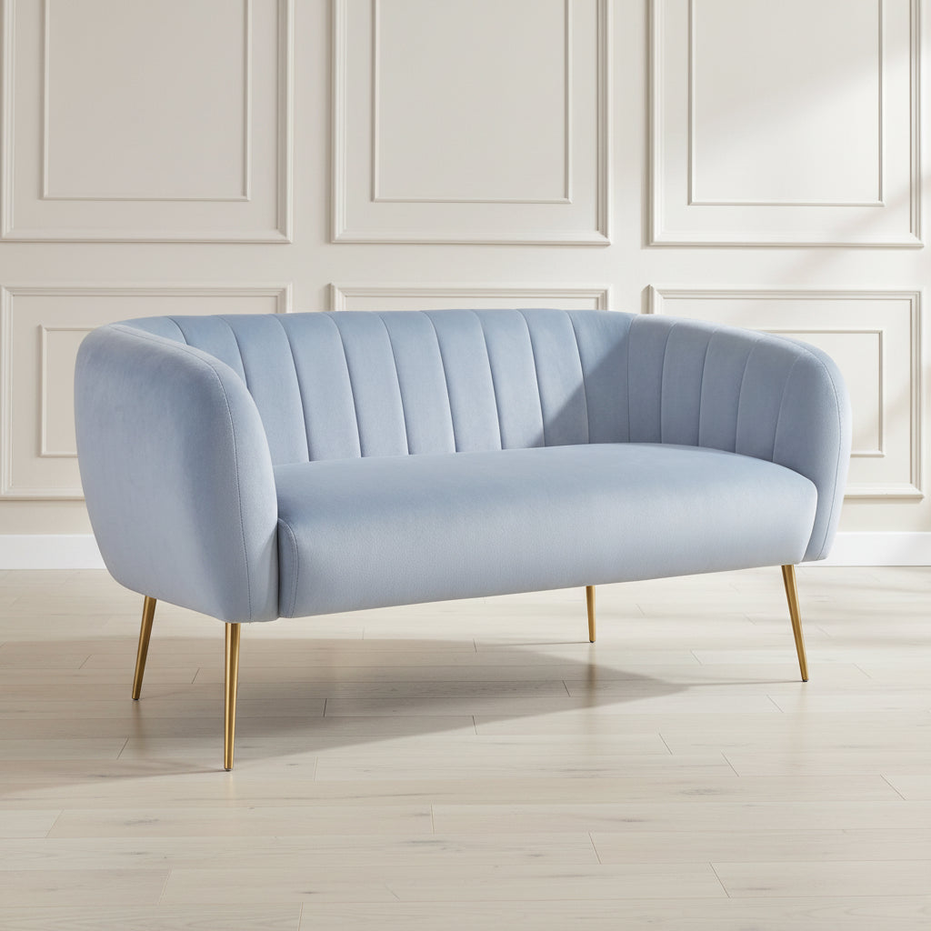 Light Blue or Baby Blue Sofa with gold legs.
