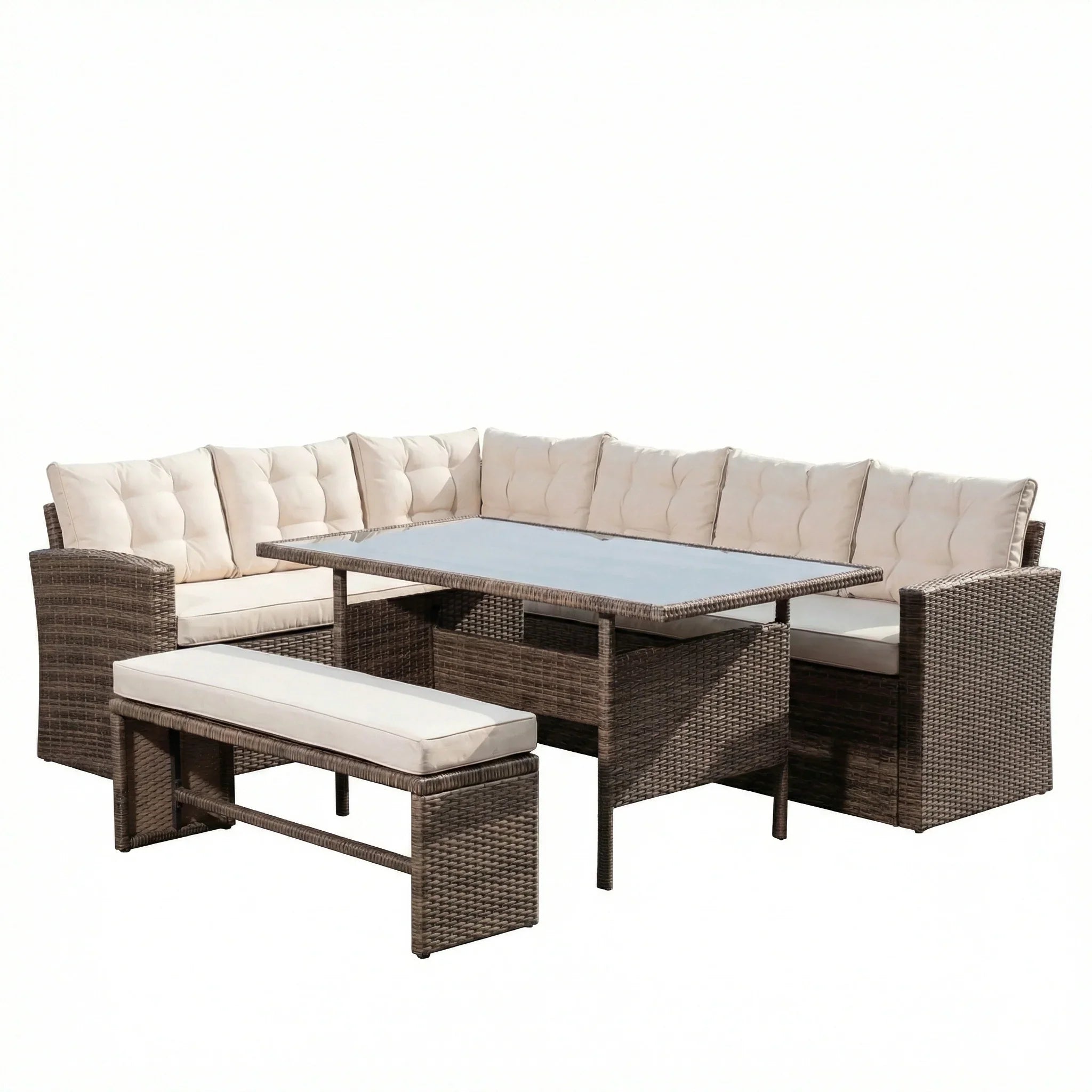Outdoor Rattan Corner Sofa with Table and Bench in Brown & Cream