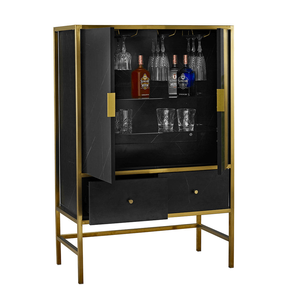 Harry Christian Home Black Marble Effect Drinks Cabinet With Gold Frame