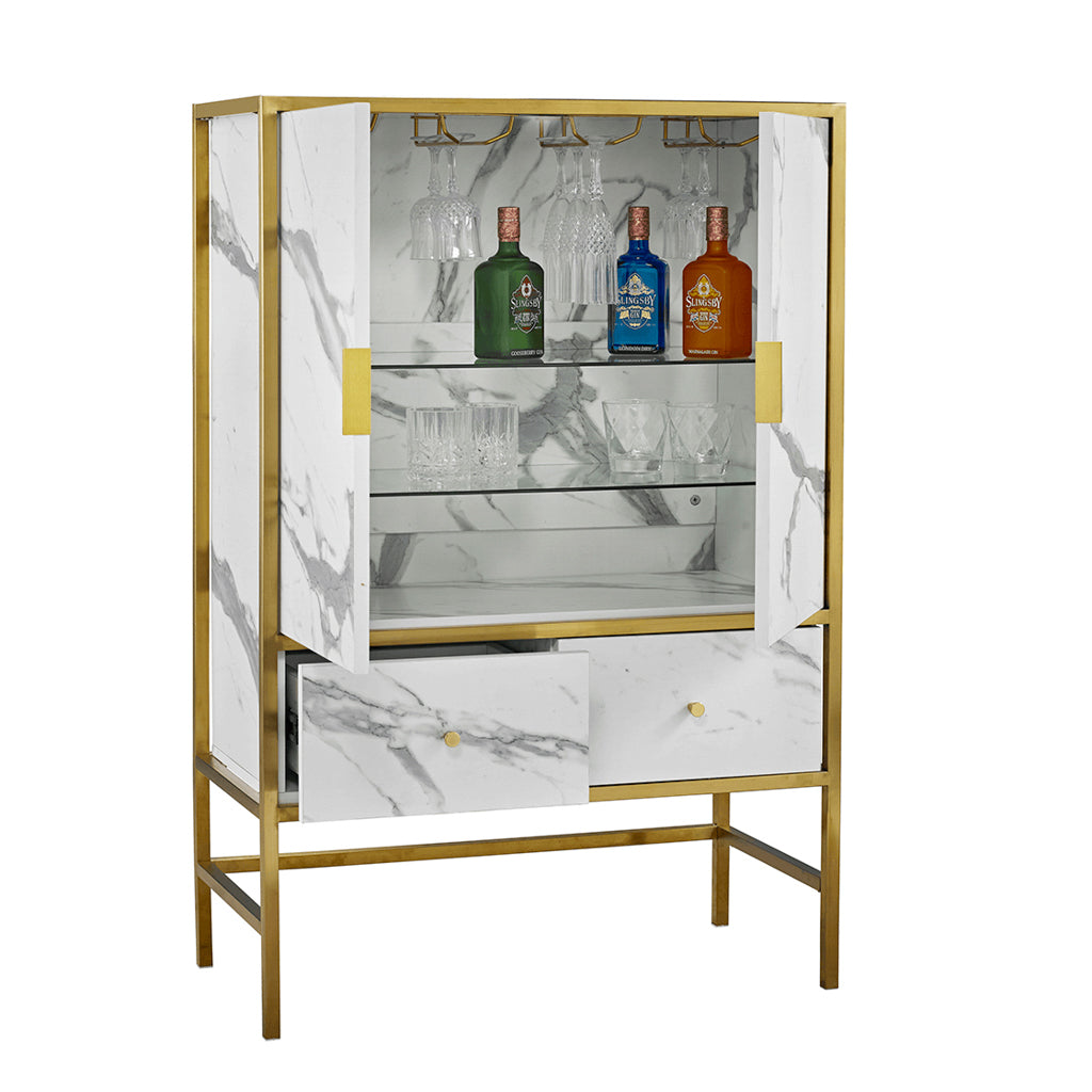Harry Christian Home White Marble Effect Drinks Cabinet With Gold Frame