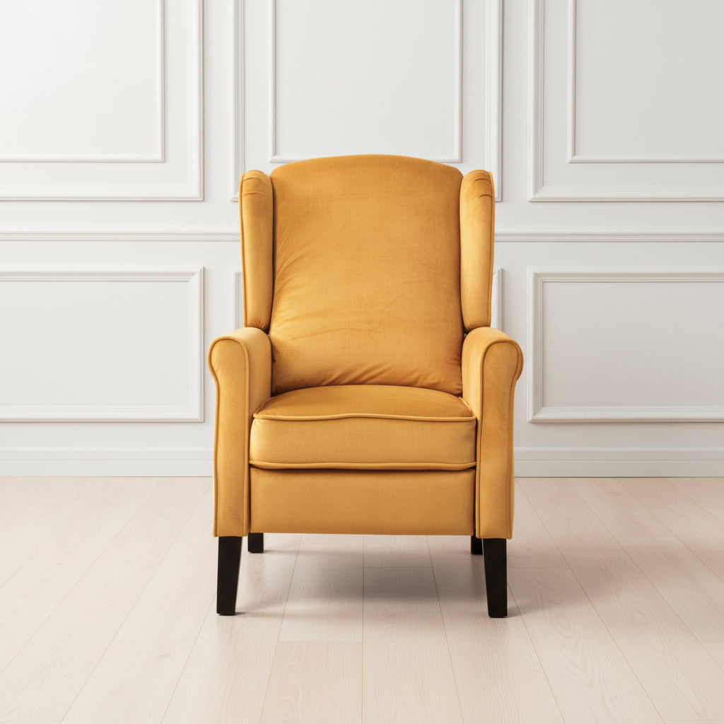 Mustard Yellow Velvet Armchair with Reclining Back Function and Black Legs