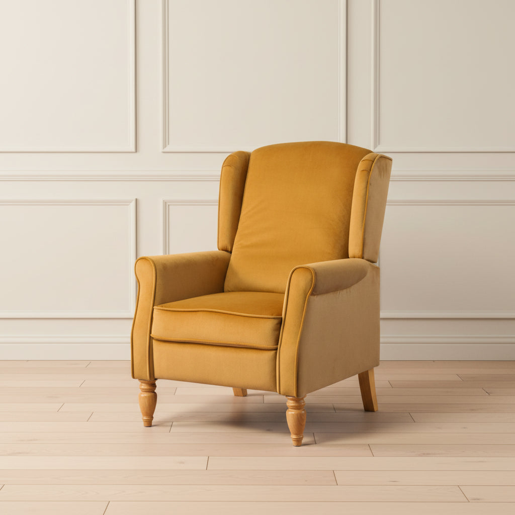 Mustard Yellow Velvet Armchair with Reclining Back Function and Oak Legs